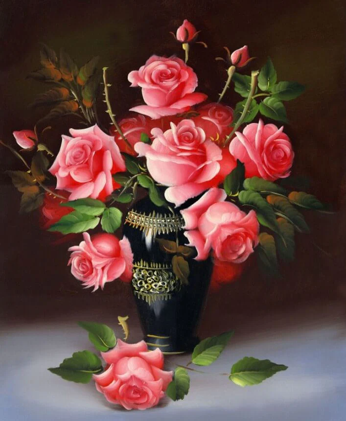 Black Vase & Pink Roses