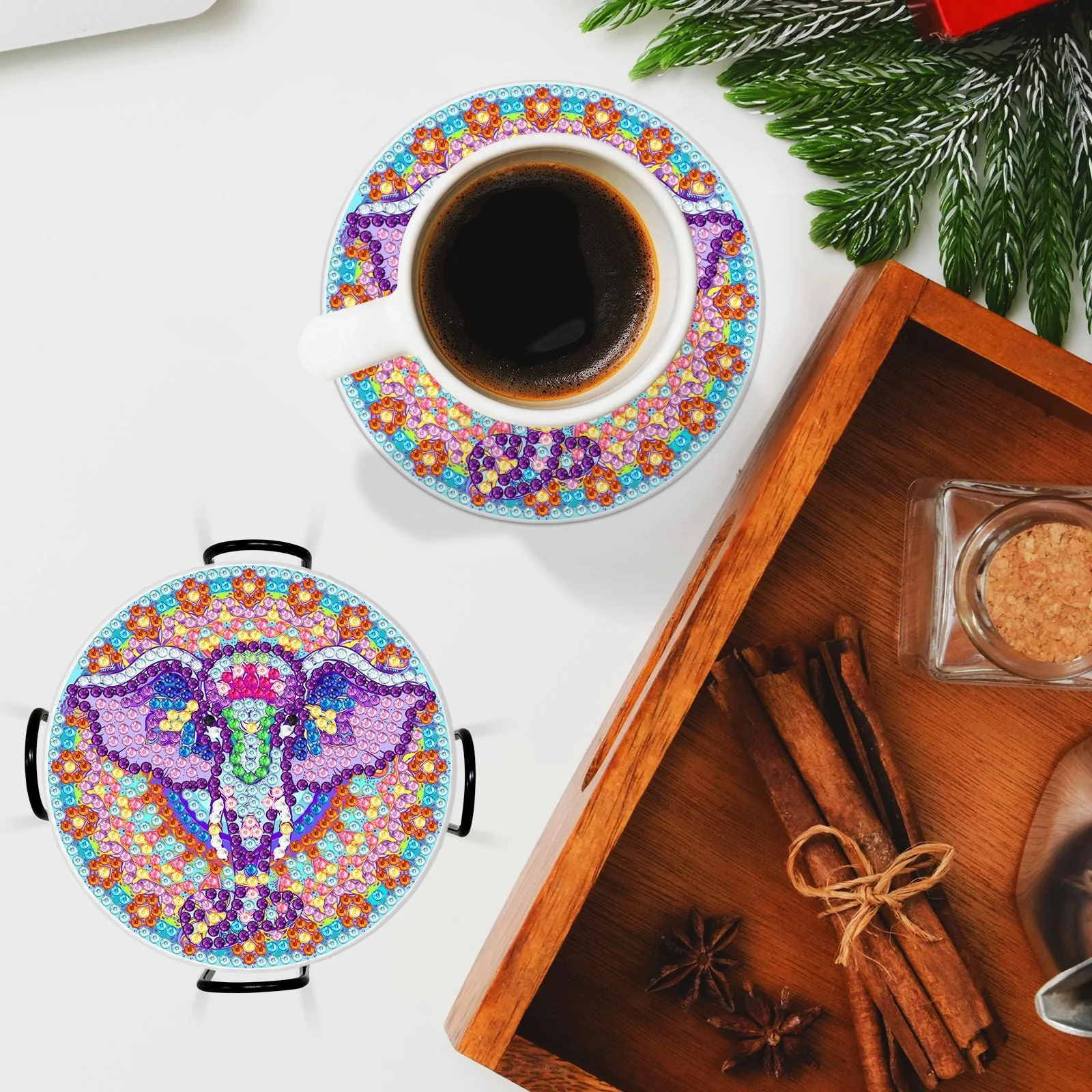 Colorful Diamond Painting Table Coasters with Stand - Image 4
