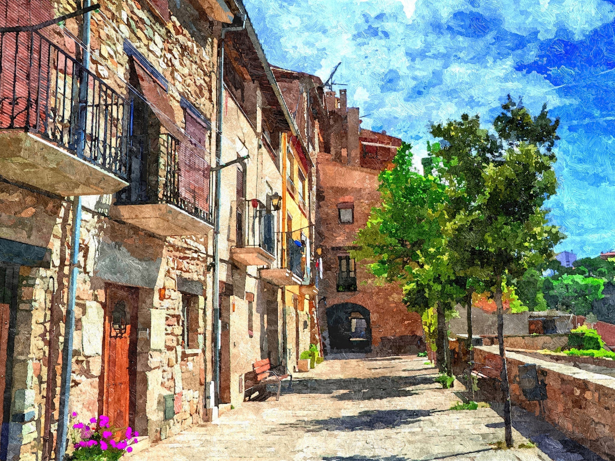 Colorful Village Street - Art by Denise Dundon
