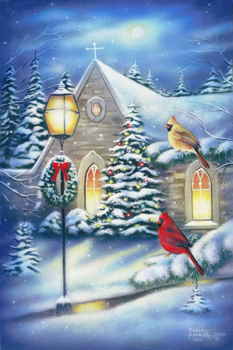 Courtyard Cardinals Christmas - Art by Robert Andrea