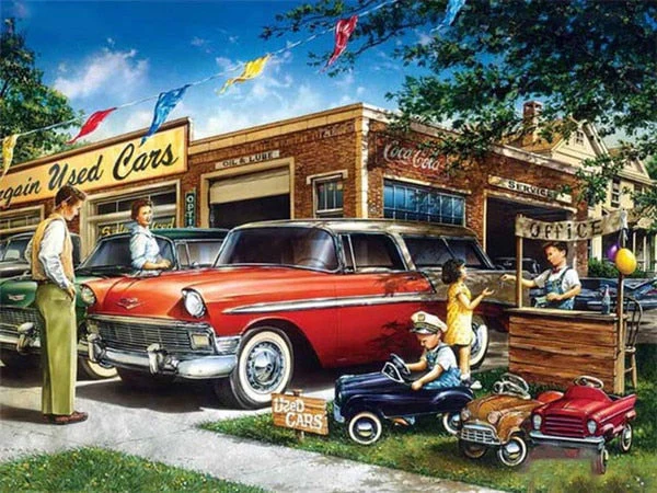 Family with red Chevrolet - Diamond painting