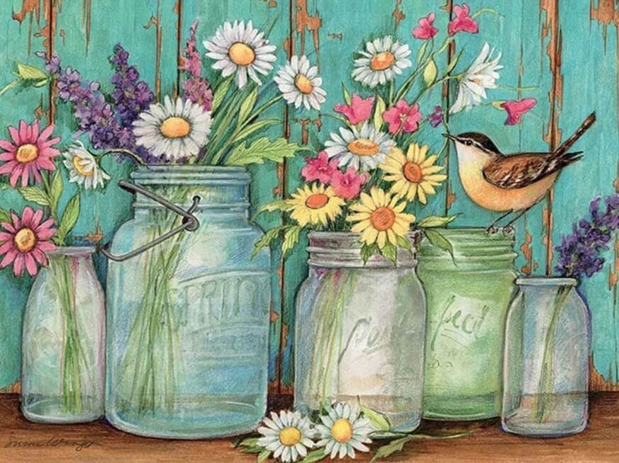 Flowers & Sparrow Diamond Painting Kit