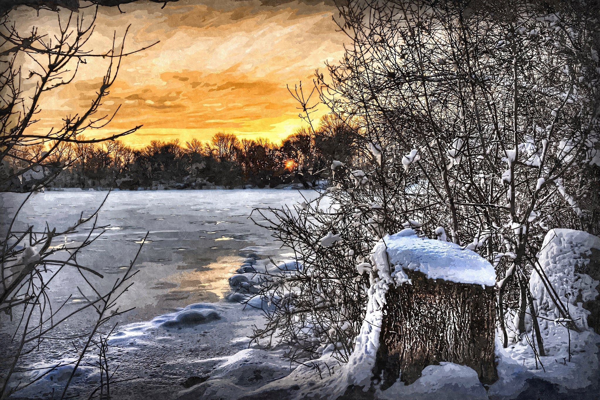 Frozen Lake At Sunset - Art by Denise Dundon