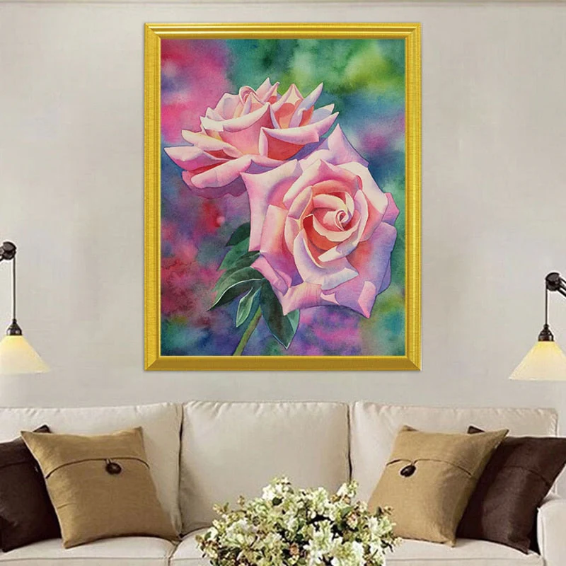 Pink Roses & Green Leaves DIY Painting - Image 2