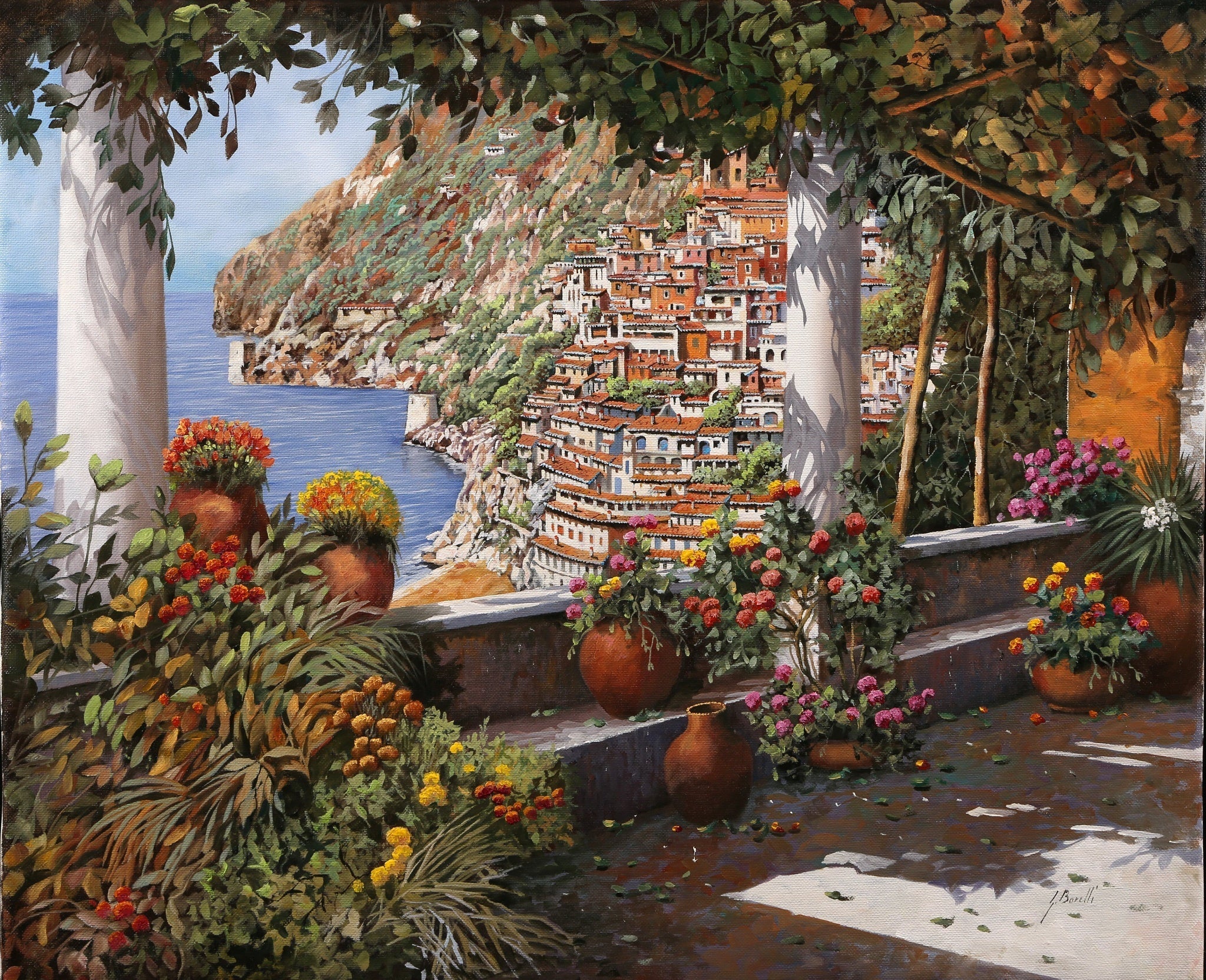 Positano From A Beautiful Terrace - Art by Guido Borelli