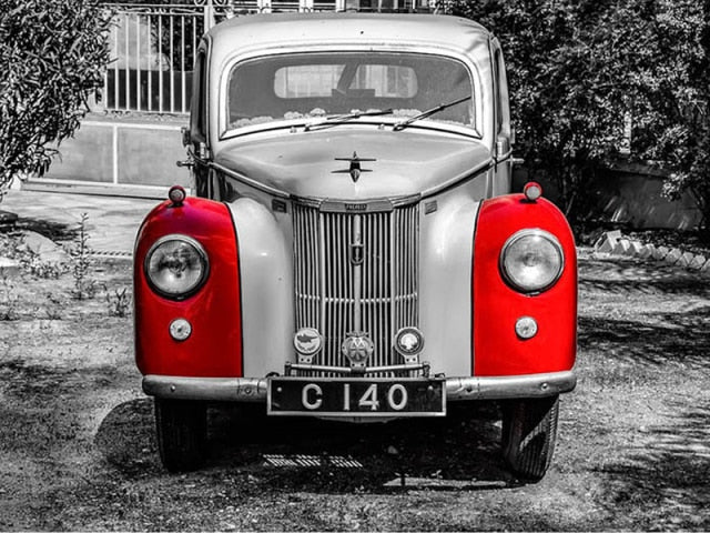 Red & silver vintage car - Diamond painting