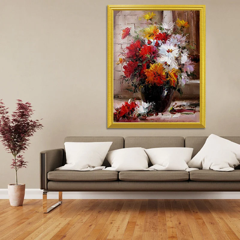Red, Yellow & White Flowers in a Vase - Image 2