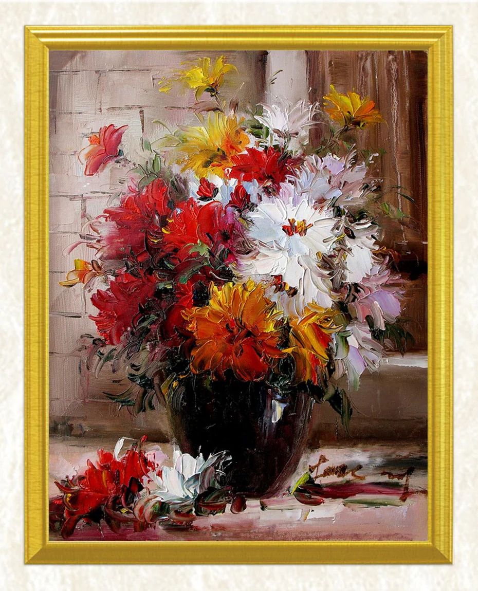 Red, Yellow & White Flowers in a Vase - Image 3
