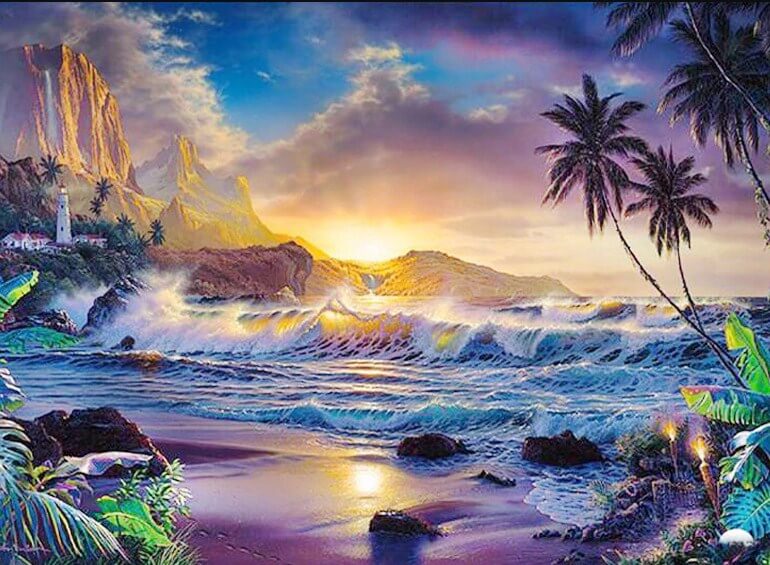 Sea Side Palm Trees & Mountains