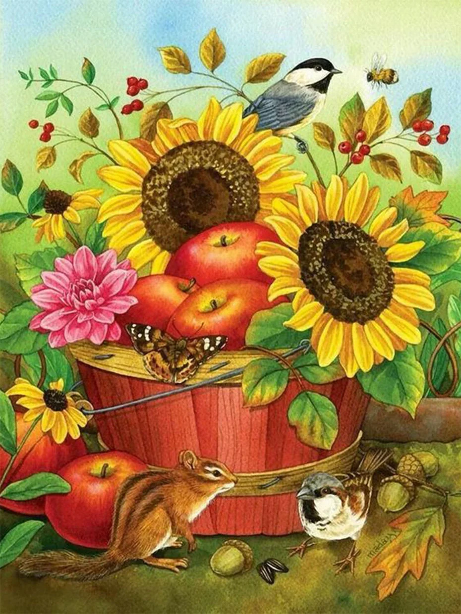Squirrel, Sparrow & Sunflowers Painting