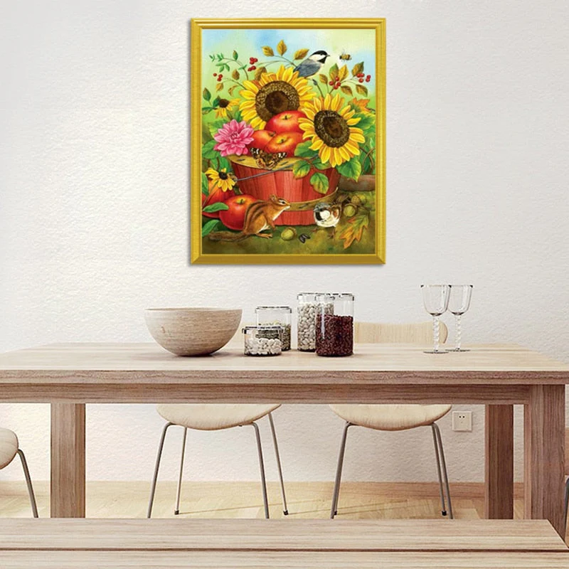 Squirrel, Sparrow & Sunflowers Painting - Image 2