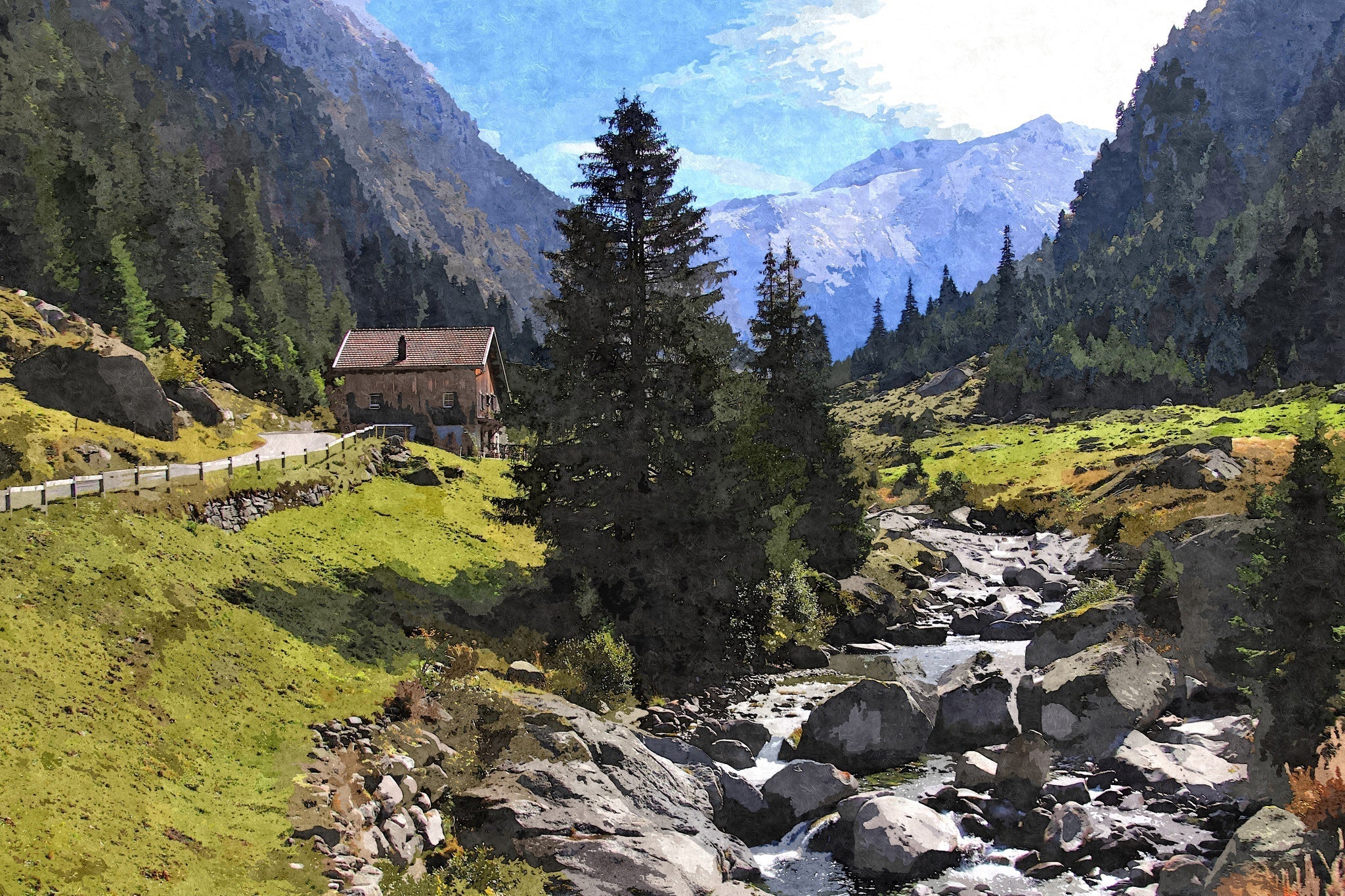 Streamside Mountain Chalet - Art by Denise Dundon